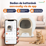 Cavento zelfreinigende kattenbak met app-bediening voor automatische reiniging, gezondheidsmonitoring en meerdere katten.